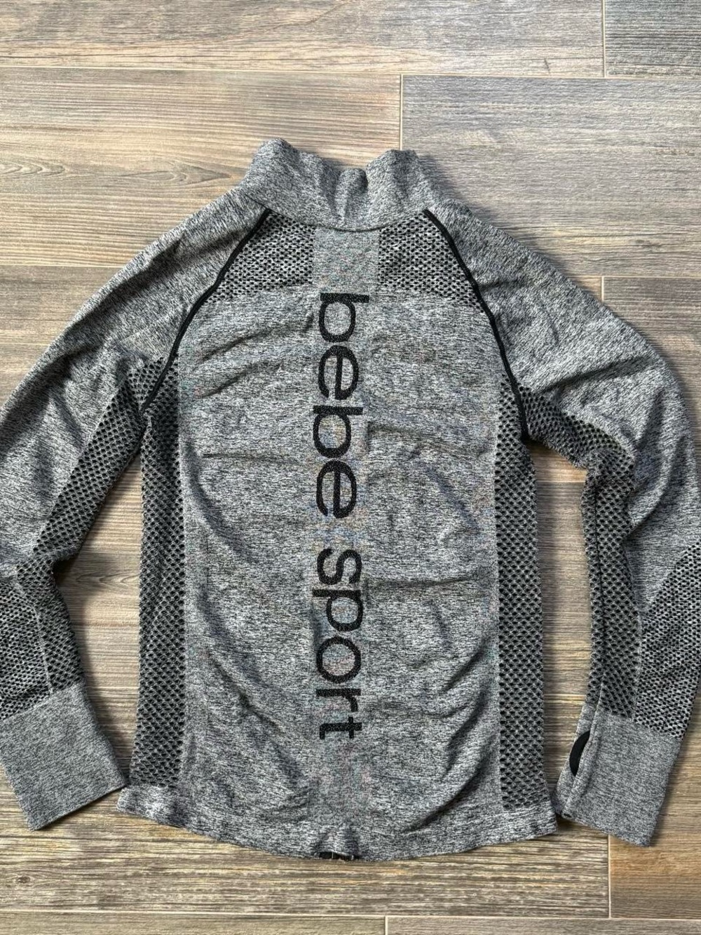Y2K Bebe sport BBL grey activewear jacket mesh paneling thumb holes NWOT